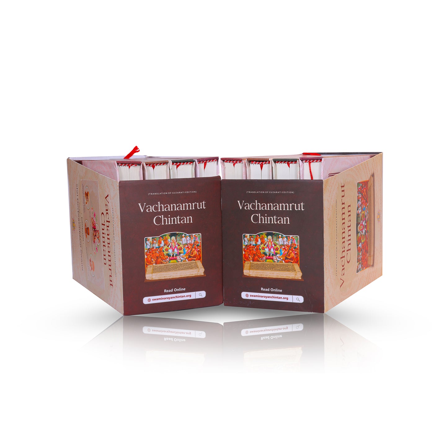 Set of books titled 'Vachanamrut Chintan' in a cardboard box on a white background